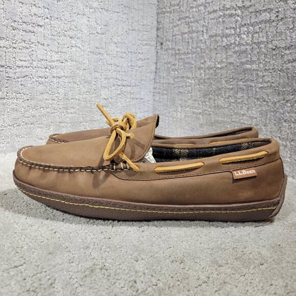 L.L. Bean Men's Size 10M Leather Slip-On Moccasin Slippers Flannel Lined 212164 - Picture 3 of 10